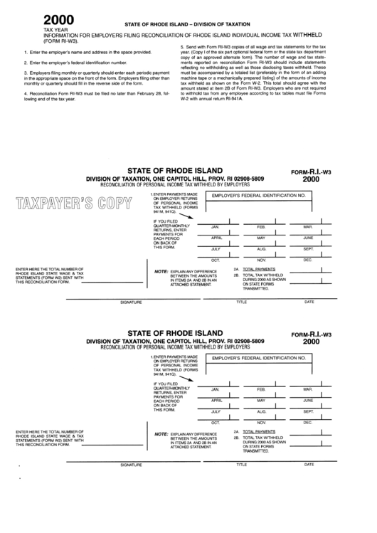 Form R.i.-W3 - Reconcilation Of Personal Income Tax Withheld By Employers 2000 Printable pdf