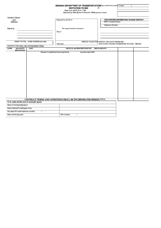 Fillable State Form 42279 - Invitation To Bid - Indiana Department Of Transportation Printable pdf
