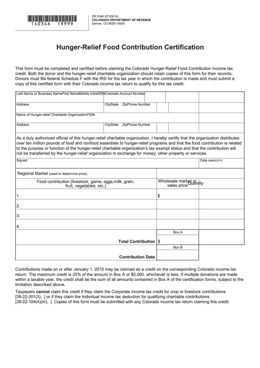 Hunger-Relief Food Contribution Certification Form Printable pdf