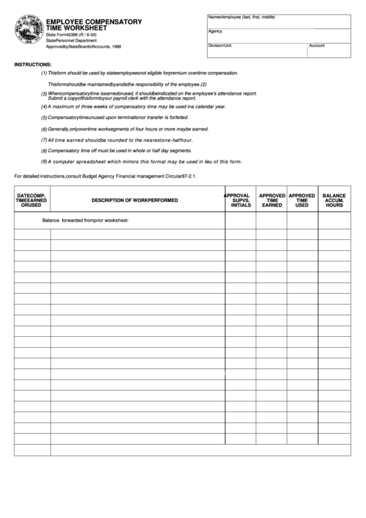 Fillable State Form 42386 - Employee Compensatory Time Worksheet - State Personnel Department Of Indiana Printable pdf