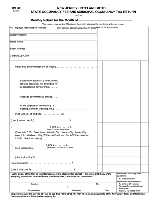 Fillable Form Hm-100 - New Jersey Hotel And Motel State Occupancy Fee And Municipal Occupancy Tax Return Form Printable pdf