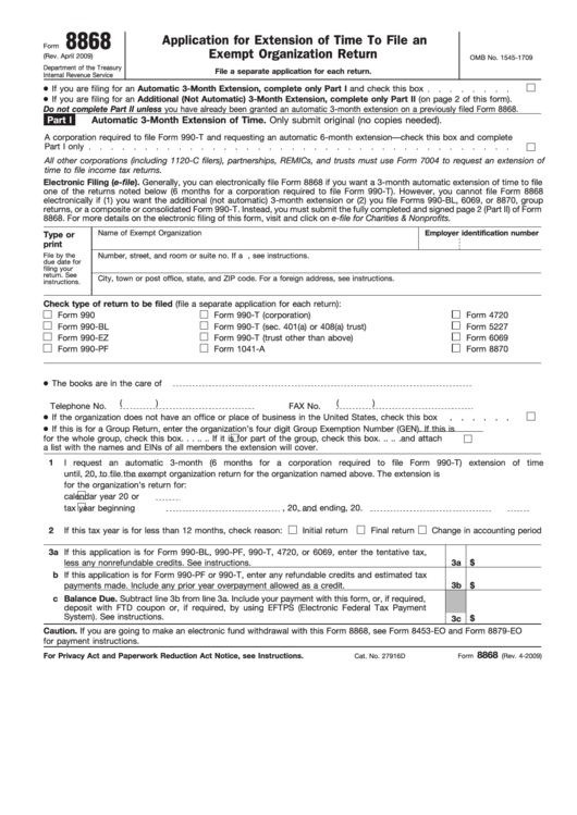 Fillable Form 8868 - Application For Extension Of Time To File An Exempt Organization Return Form Printable pdf
