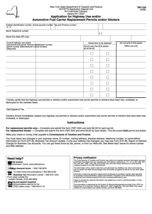 Form Tmt-334 - Application For Highway Use And/or Automotive Fuel Carrier Replacement Permits And/or Stickers - New York State Department Of Taxation And Finance Printable pdf