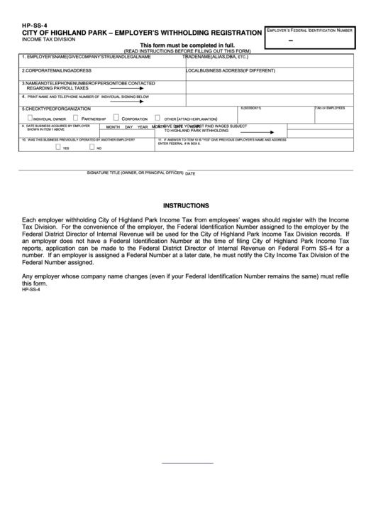 Form HpSs4 Employer'S Withholding Registration printable pdf download