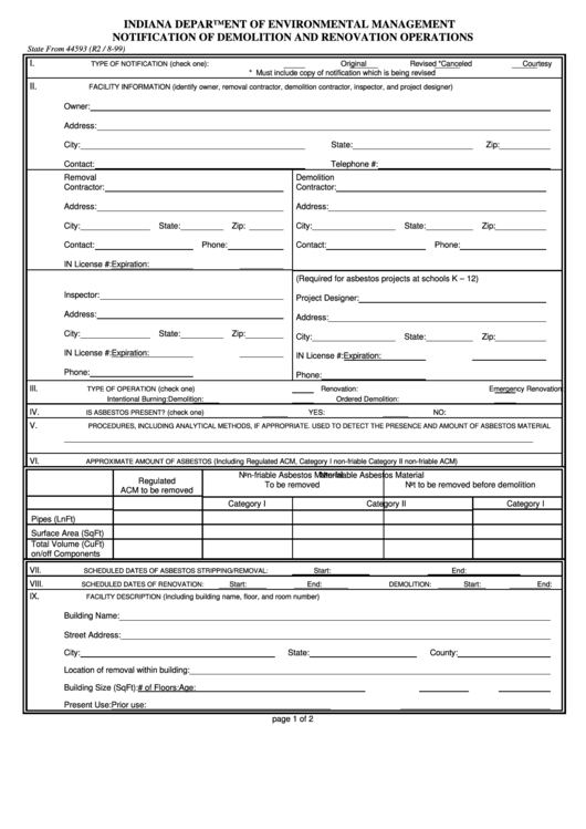 Fillable State Form 44593 - Notification Of Demolition And Renovation Operations - Indiana Department Of Environmental Management Printable pdf