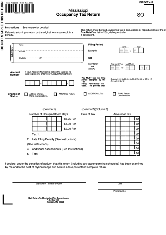 Form 72-225-08-1-1-000 - Occupancy Tax Return Printable pdf