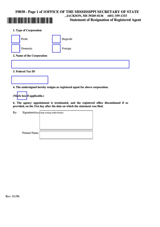 Fillable Form F0038 - Statement Of Resignation Of Registered Agent Printable pdf