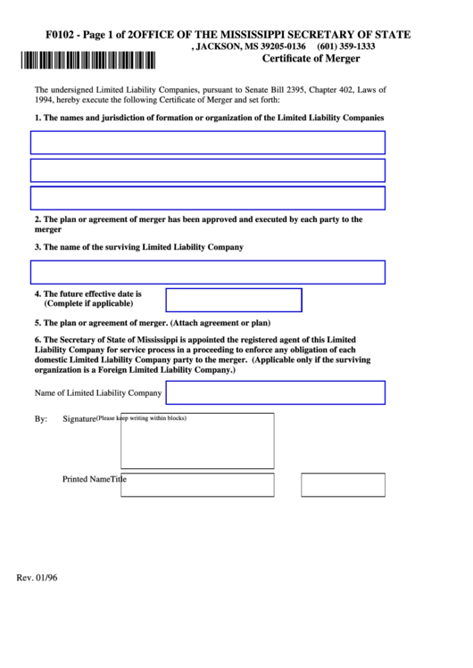 Form F0102 - Certificate Of Merger