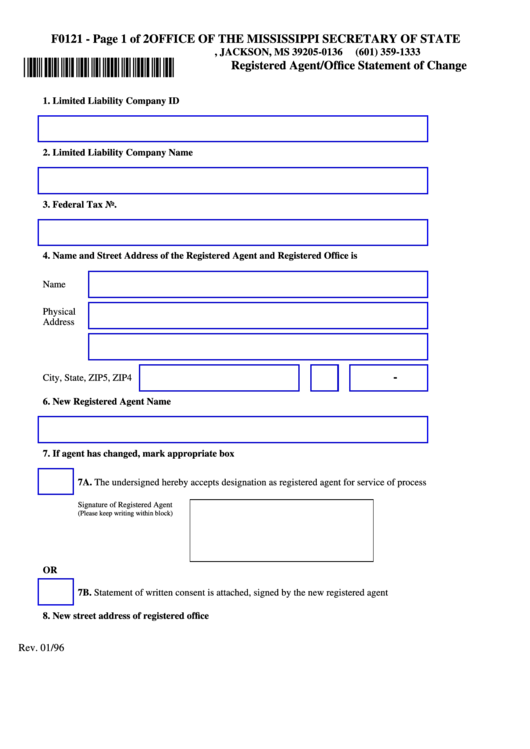 Fillable Form F0121 - Registered Agent Or Office Statement Of Change Printable pdf