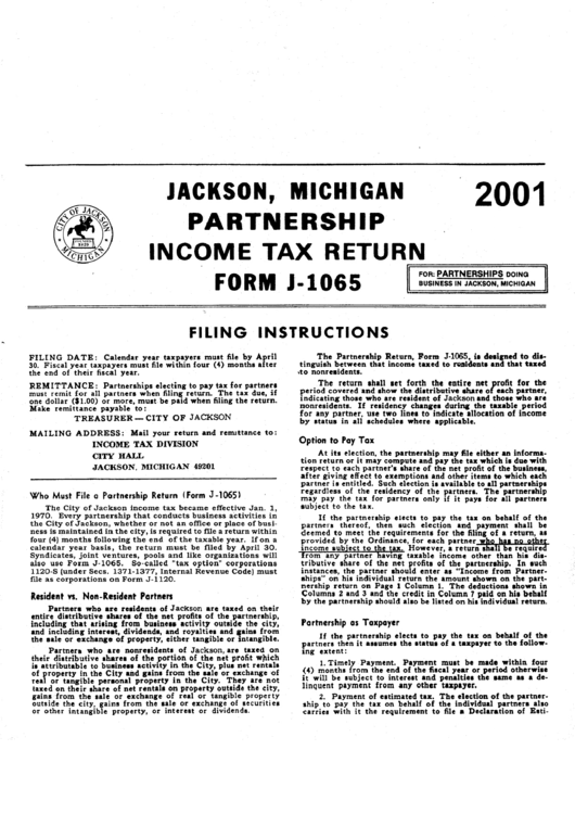 Form J-1065 - Income Tax Return Michigan Printable pdf