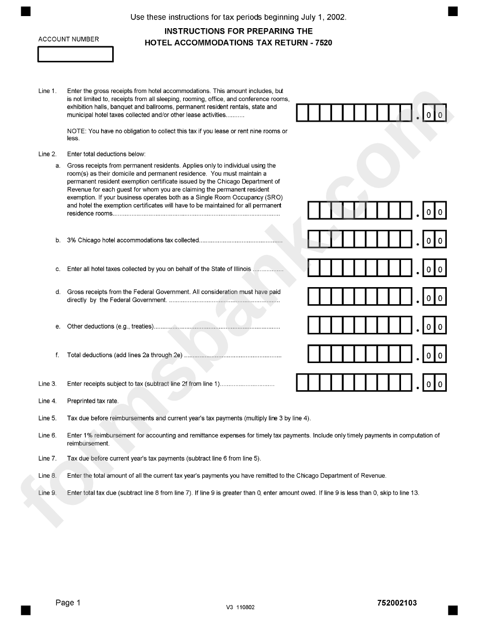 Form 7520 - Instructions For Preparing The Hotel Accomodation Tax Return 2002