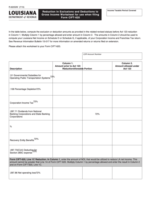 Fillable Form Cift-620 - Reduction In Exclusions And Deductions To Gross Income Worksheet For Use When Filing Printable pdf