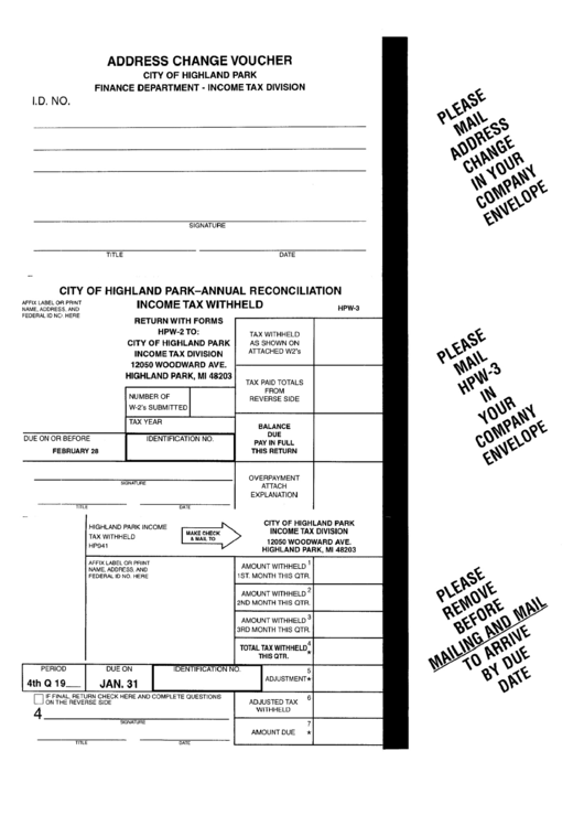 Form Hpw-3 - Annual Reconciliation Income Tax Withheld Printable pdf