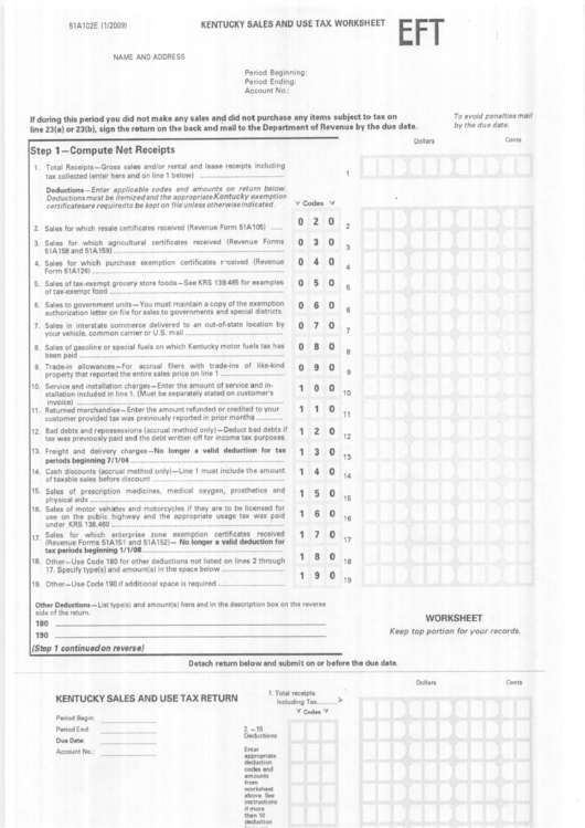 Form 51a102e - Kentuchy Sales And Use Tax Worksheet Printable pdf
