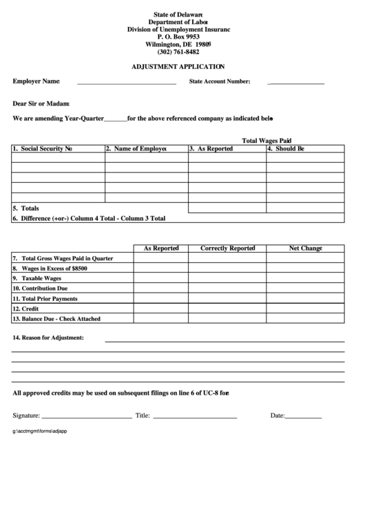 Fillable Adjustment Application - Delaware Department Of Labor Printable pdf