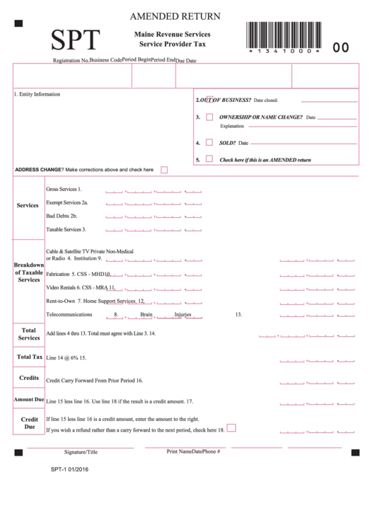 Form Spt-1 - Amended Return Printable pdf