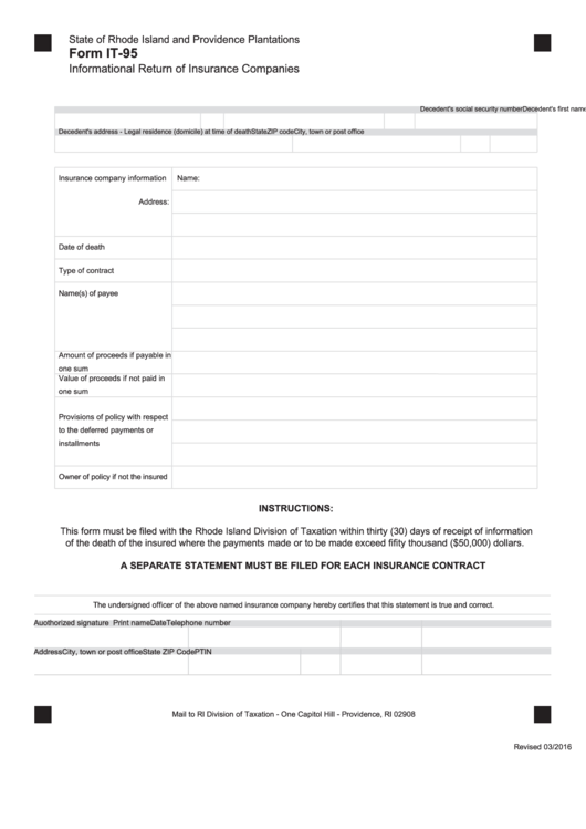 Fillable Form It-95 - Informational Return Of Insurance Companies Printable pdf