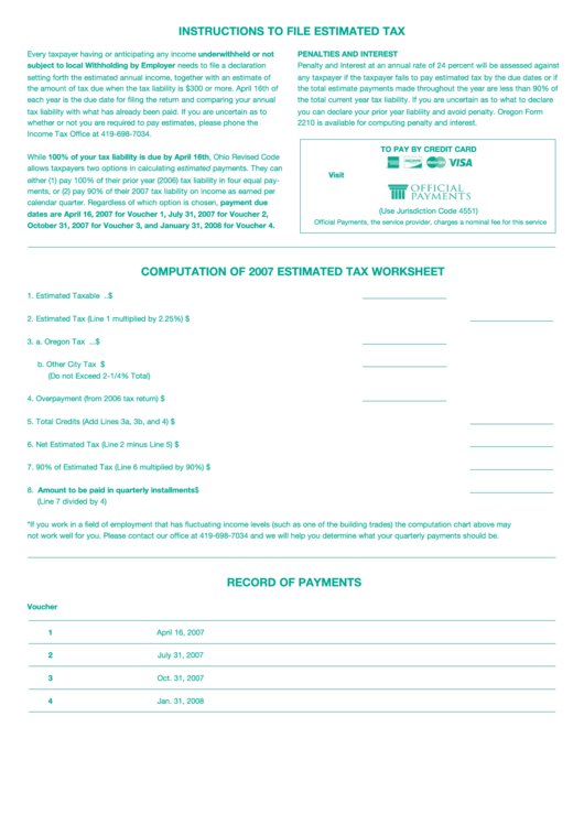 Oregon Individual Estimated Tax Check Form - City Of Oregon Tax Department - Ohio Printable pdf