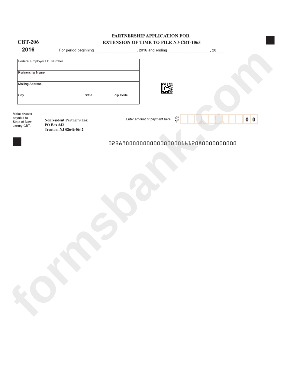 Form Cbt-206 - Partnership Application For Extension Of Time To File Nj-Cbt-1065 - 2016