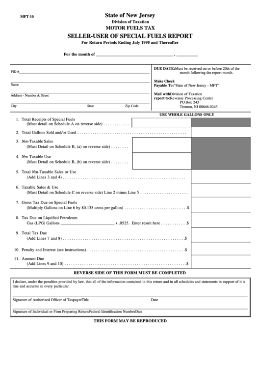 Fillable Form Mft-10 - Seller-User Of Special Fuels Report Printable pdf