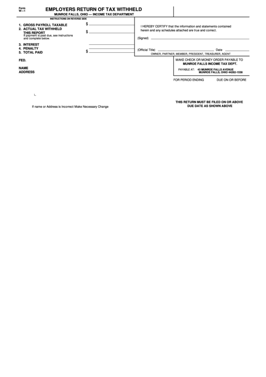 Form W-1 - Employers Return Of Tax Withheld Printable pdf