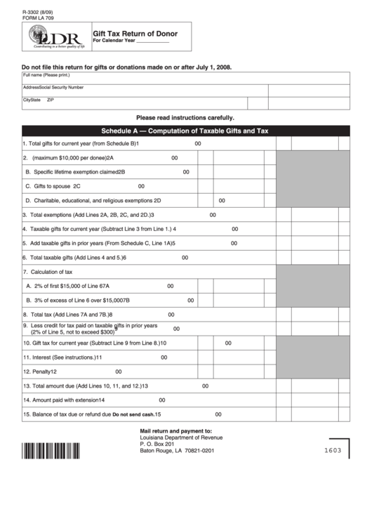 Fillable Form La 709 - Gift Tax Return Of Donor Printable pdf