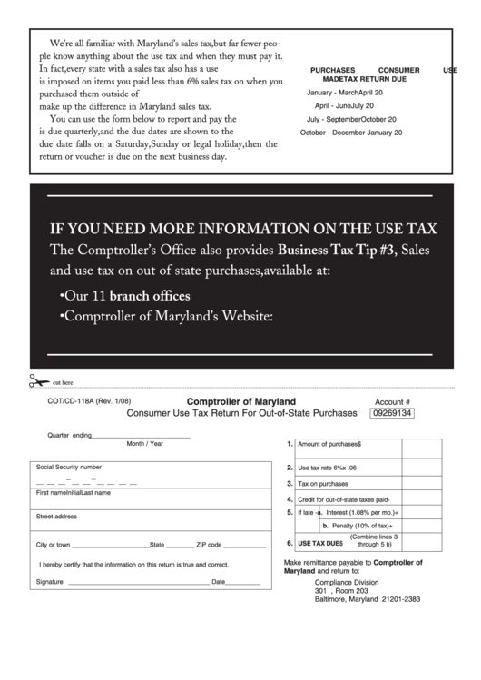 Fillable Form Cot/cd-118a - Consumer Use Tax Return For Out-Of-State Purchases - 2008 Printable pdf