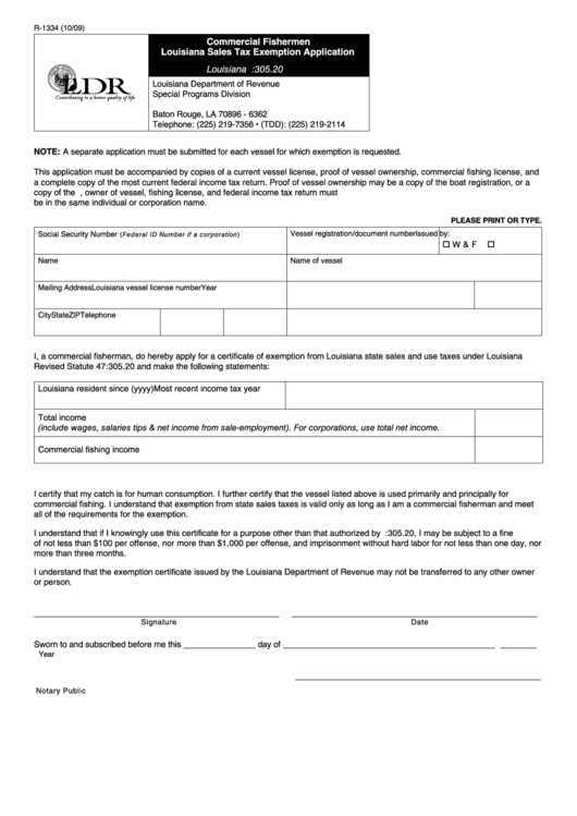 Fillable Form R-1334 - Commercial Fishermen Louisiana Sales Tax Exemption Application Printable pdf