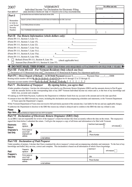 Form 8879-Vt - Individual Income Tax Declaration For Electronic Filing - 2007 Printable pdf