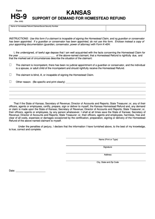 Form Hs-9 - Support Of Demand For Homestead Refund Kansas Printable pdf