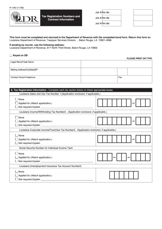 Fillable Form R-1342 - Tax Registration Numbers And Contract Information Printable pdf