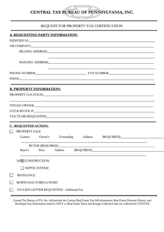 Request For Property Tax Certification Form Printable pdf