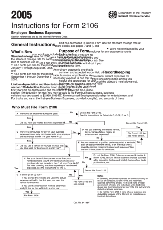 Instructions For Form 2106 - Employee Business Expenses - 2005 Printable pdf