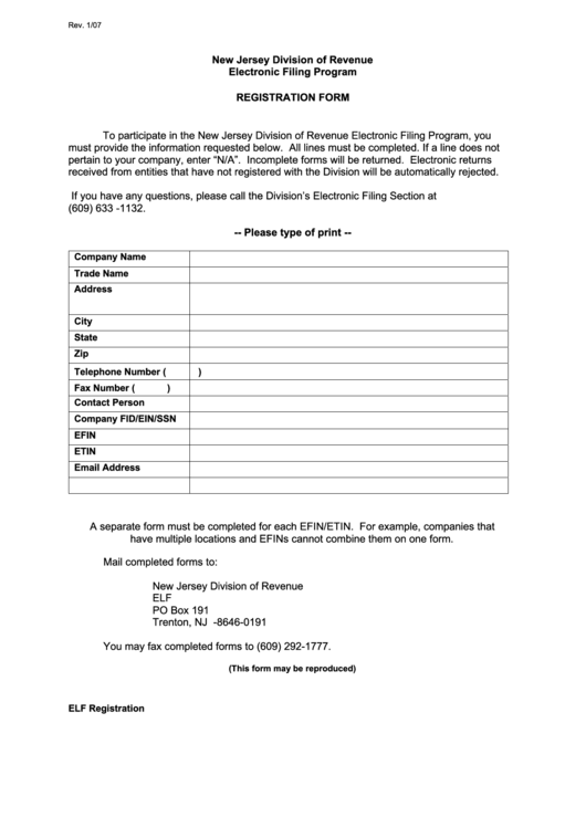 Fillable Registration Form For Electronic Filing Printable pdf