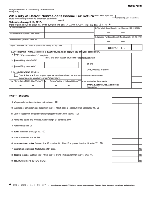 Fillable Form 5119 - Nonresident Income Tax Return - City Of Detroit - 2016 Printable pdf
