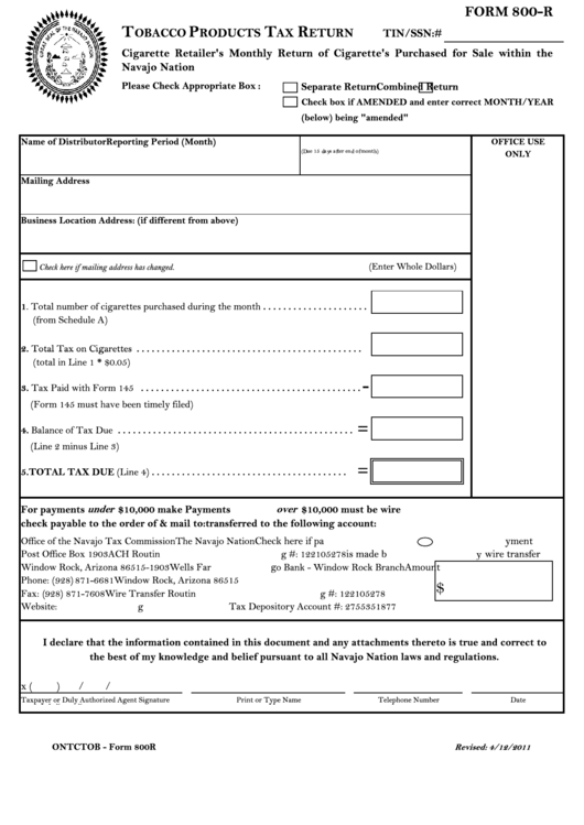 Form 800-R - Tobacco Products Tax Return Printable pdf
