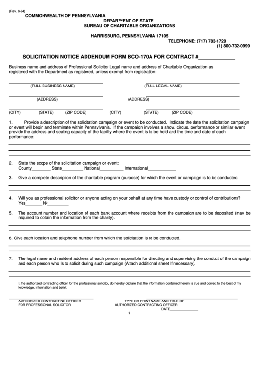 Form Bco-170a - Solicitation Notice Addendum Form For Contract Printable pdf