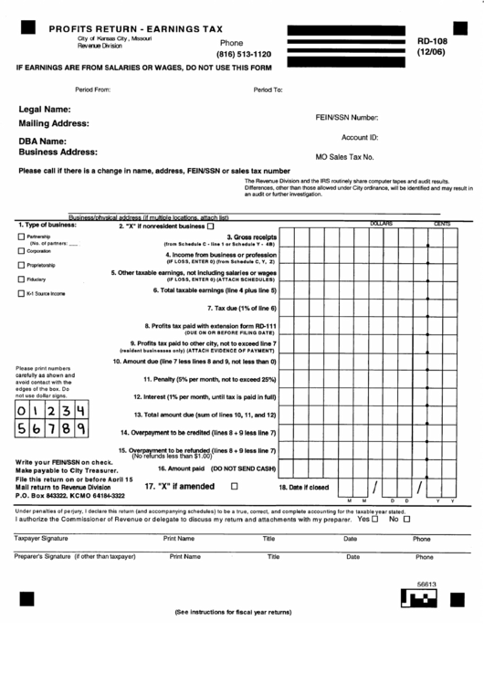 Form Rd-108 - Profits Return - Earning Tax Printable pdf