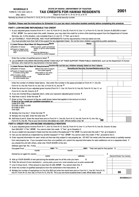 Form N-11/n-12/n-13/n-15 - Schedule X - Tax Credits For Hawaii Residents - 2001 Printable pdf