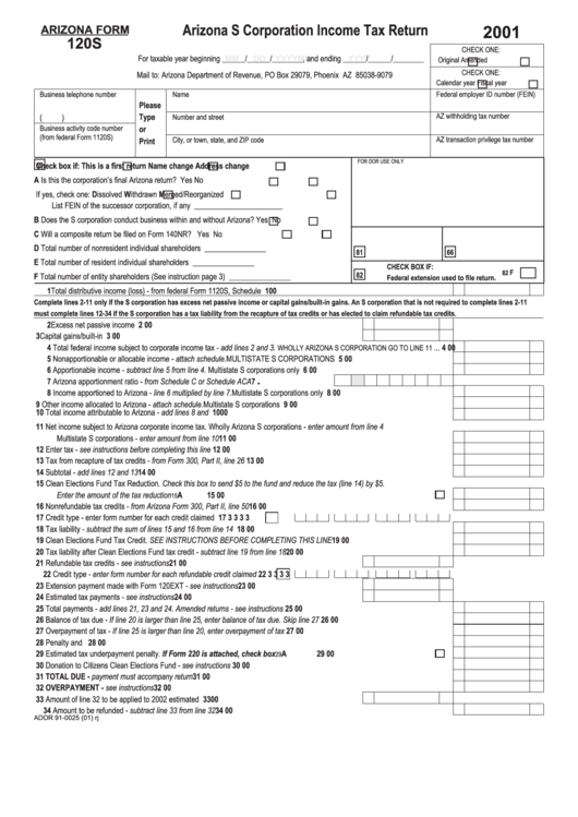 Arizona Form 120s - S Corporation Income Tax Return - 2001 Printable pdf