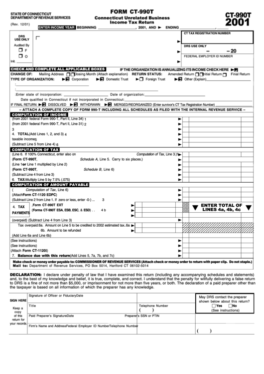Form Ct-990t - Connecticut Unrelated Business Income Tax Return - 2001 Printable pdf