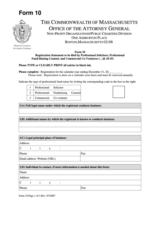 Form 10 - Registration Statement To Be Filed By Professional Solicitors, Professional Fund-Raising Counsel, And Commercial Co-Venturers Printable pdf
