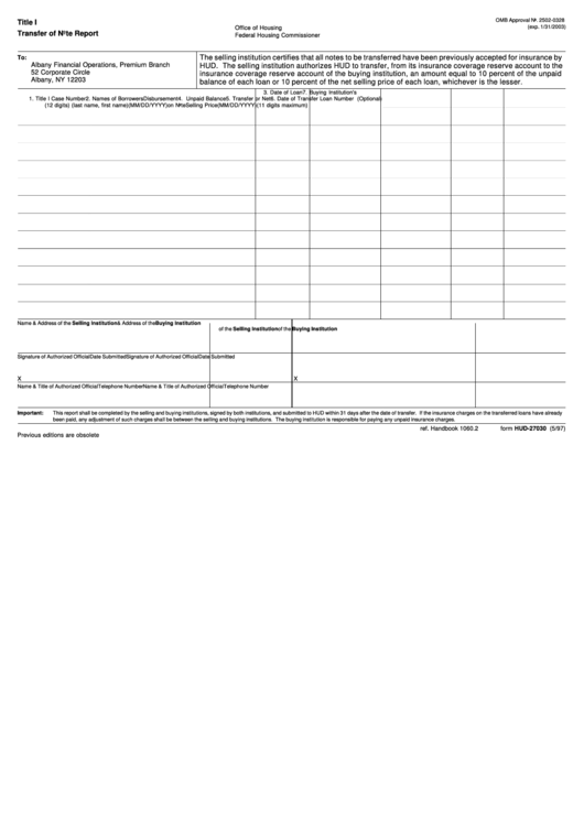 Fillable Form Hud-27030 - Transfer Of Note Report Form - U.s. Department Of Housing And Urban Development Printable pdf