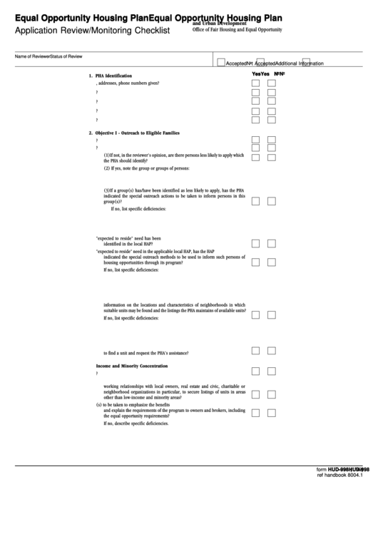 Fillable Form Hud-998 - Equal Opportunity Housing Plan - Application Review/monitoring Checklist Form - U.s. Department Of Housing And Urban Development Printable pdf