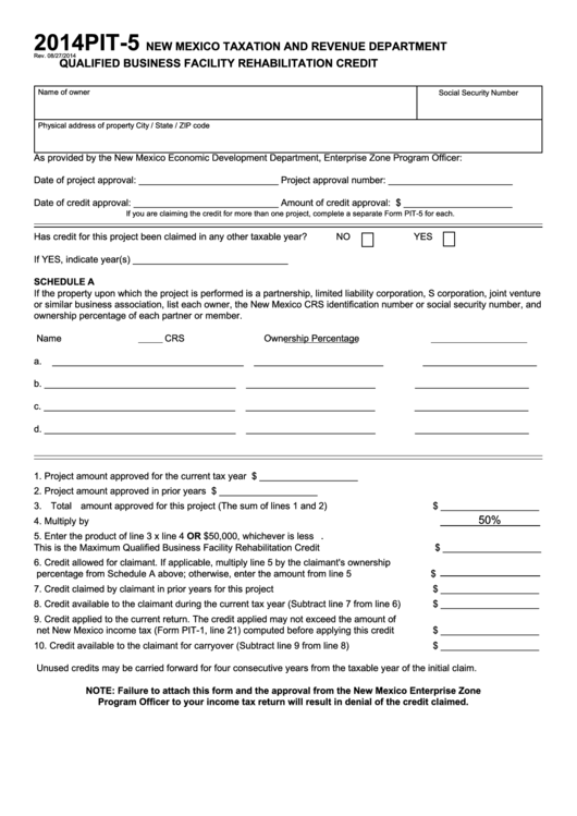 Form Pit-5 - Qualified Business Facility Rehabilitation Credit - 2014 Printable pdf