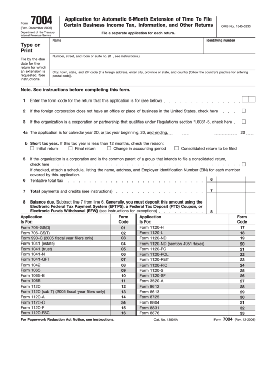 Fillable Form 7004 - Application For Automatic 6-Month Extension Of Time To File Certain Business Income Tax, Information, And Other Returns Form - Department Of The Treasury Internal Revenue Service Printable pdf