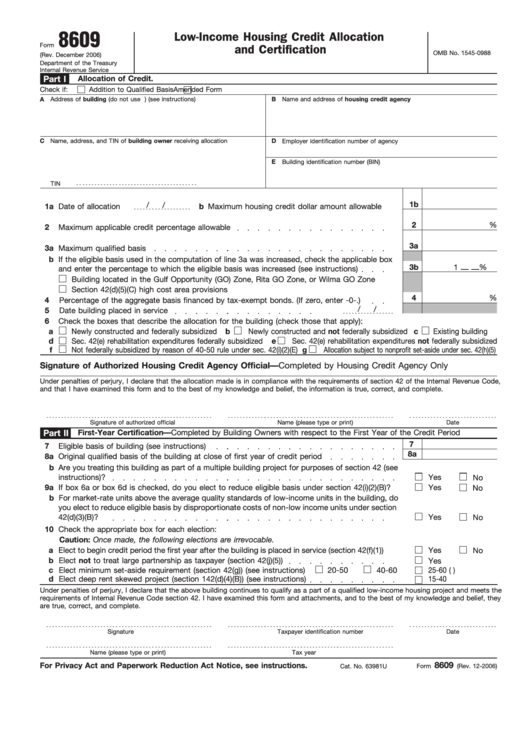 Fillable Form 8609 - Low-Income Housing Credit Allocation And Certification Form - Department Of The Treasury Internal Revenue Service Printable pdf
