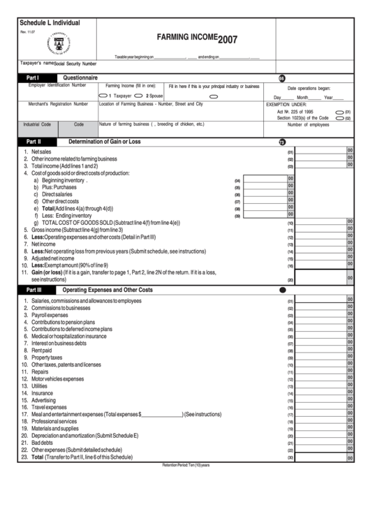 Schedule L - Farming Income - 2007 Printable pdf