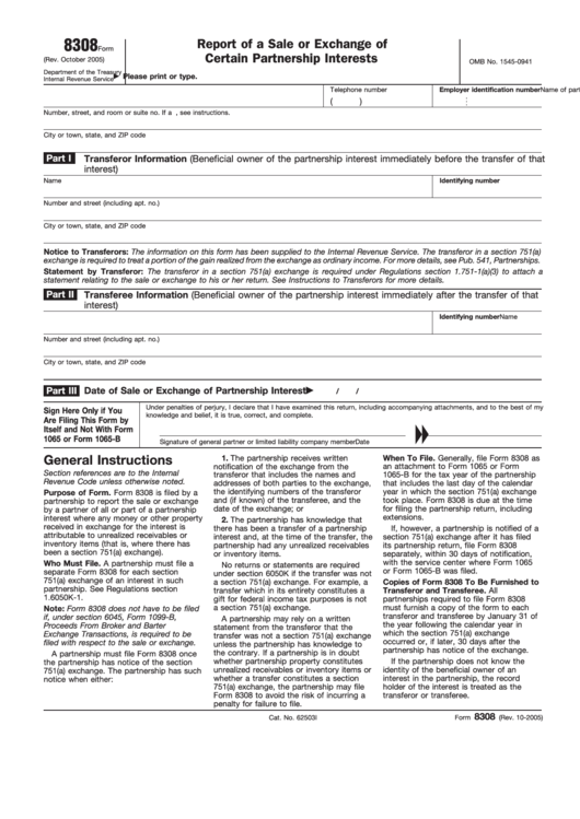 Fillable Form 8308 - Report Of A Sale Or Exchange Of Certain Partnership Interests Form - Department Of The Treasury Internal Revenue Service Printable pdf