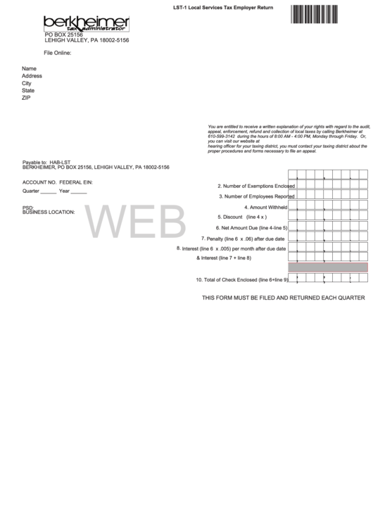 Fillable Form Lst-1 - Local Services Tax Employer Return Printable pdf